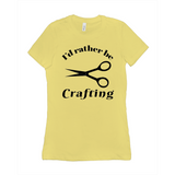 I'd Rather Be Crafting Women's Style Tee-Funny I'd Rather Be Crafting Women's Style Tee. Design is printed on fashion cut, smooth ringspun cotton fine jersey tee with crew neck and short sleeves. Sizes small to XL. Other colors, sizes, options, etc. by request. Funny good gift girls scissors graphic tee shirt.-Yellow-Small (S)-