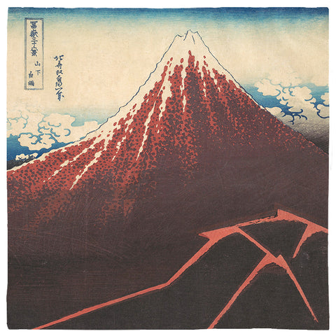 -Polyester jersey knit 24x24" bandana.This item is made to order and ships in 2-3 business days from the USA. 

High quality print of a modified Katsushika Hokusai Storm Below Mount Fuji (Sanka no haku u) classic Japanese woodblock print. Mt Mountain Japan art traditional -24x24 inch-