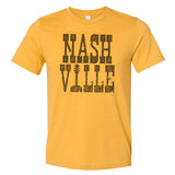 -Vintage faded tees with a modern twist! Ultra-soft, premium triblend or 50/50 poly cotton blend unisex shirts. Eco-friendly, water-based inks for a graphic print that is soft to the touch. Shipped from the USA. Nashville retro graphic big text nash ville womens juniors mens TN Tennessee summer fashion-Unisex L-Mustard-