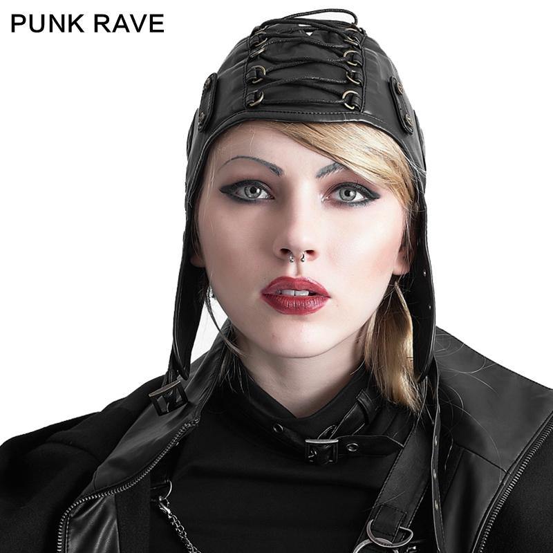 -A vintage style aviator's / bomber cap in black synthetic leather with bronze metal accents. One size fits most. Free Shipping Worldwide. 

Unisex mens womens steampunk pilot hat punk rave goth gothic clubwear fashion designer -