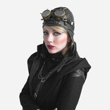 -A vintage style aviator's / bomber cap in black synthetic leather with bronze metal accents. One size fits most. Free Shipping Worldwide. 

Unisex mens womens steampunk pilot hat punk rave goth gothic clubwear fashion designer -