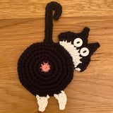 Cat Butt Coasters - Funny Feline Crocheted Drink Coasters -It may seem very un-catlike to protect furniture and help keep objects on surfaces but that's just what these kitties do... while still being a bit rude about it! Handmade durable high quality crochet knitted cotton kitty coasters. Sold individually or as a set of 8. Free shipping. Unique novelty gift home decor woven-