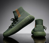 -Comfortable, lightweight mens / unisex high-top sneakers with a sock-like ankle, breathable fabric upper and non-slip rubber sole. Available in green, brown and black. Designed in Euro sizes, US sizing approximate. Free shipping from abroad.

sock boots sneakers off-kilter unique unusual high top outdoor fashion shoes-