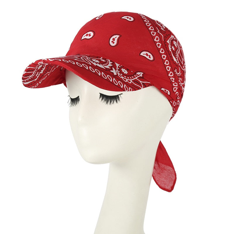 -Classic style paisley print bandana headscarf with printed baseball cap bill. One size fits most, with tie back adjustment for supreme comfort. Free shipping.

long brim head scarf hat summer streetwear fashion womens mens unisex nonbinary protest sunshade tie-on designer fashion cap tied kerchief -One Size-Red-