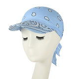 -Classic style paisley print bandana headscarf with printed baseball cap bill. One size fits most, with tie back adjustment for supreme comfort. Free shipping.

long brim head scarf hat summer streetwear fashion womens mens unisex nonbinary protest sunshade tie-on designer fashion cap tied kerchief -One Size-Light Blue-