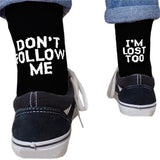 -Funny cotton/poly blend "Don't Follow Me, I'm Lost Too" crew socks. Small medium one-size-fits-most. Free shipping from abroad wtih average delivery in 2-3 weeks to the US.
unisex mens womens kids athletic tube sock funny footwear gift saying quote text words design-