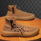 -Comfortable, lightweight mens / unisex high-top sneakers with a sock-like ankle, breathable fabric upper and non-slip rubber sole. Available in green, brown and black. Designed in Euro sizes, US sizing approximate. Free shipping from abroad.

sock boots sneakers off-kilter unique unusual high top outdoor fashion shoes-