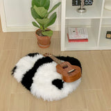 -Sometimes the panda fuel just runs out. Funny, furry face-planting panda floor mat / cushion made of 100% wool with non-skid bottom. Measures approximately 50x50cm (19.68 inches). Free shipping. 
black and white shaggy abstract carpet fur chair cushion panda bear animal rug unique fun weird whimsical gift home decor-