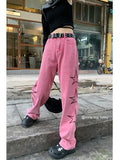 -Retro vintage women's light wash denim jeans in pink with high waist, zipper fly and wide stovepipe legs. Detailed with three, black hollow stars with elongated upper point on the outside of each leg. See size chart.
y2k streetwear alternative punk rave goth emo club 90s mall fashion -