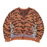 -Knitted acrylic wool cardigan sweater with tiger pattern. Mens/unisex style, available in two sizes. See size chart. Free shipping from abroad, average delivery in 2-3 weeks. 

orange black big cat stripes animal print leopard designer winter autumn outerwear hombre abrigo unique on fashion trend womens casual warm
-