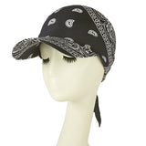 -Classic style paisley print bandana headscarf with printed baseball cap bill. One size fits most, with tie back adjustment for supreme comfort. Free shipping.

long brim head scarf hat summer streetwear fashion womens mens unisex nonbinary protest sunshade tie-on designer fashion cap tied kerchief -One Size-Black-