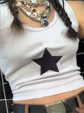 -Cute and comfortable mid-riff tank top with stitched on star. Free shipping from abroad.
womens juniors Y2K stiched on stars crop top wife beater tanktop embroidered babydoll tee 2000s streetwear cute club baby millennial emo punk rocker alternative aesthetic clubwear hip girl -White-S-
