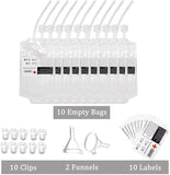 -Fun, unique Halloween party supplies, Set of 10 IV Blood Bag PVC drink pouches (350mL) with straws/tubes, labels, clips & funnels. 60mL shot syringes sold separately. Free shipping.

Vampire medical horror movie prop beverage cup drinking container alcohol urine liquor punch creepy cocktails gross shots doctor nurse-IV Drink Bag Kit-
