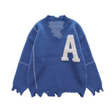 -Unique distressed vintage style college letter sweater / sweatshirt. Cut, chopped, stitched with irregular hem and rough v-neck. Free shipping.

Retro vintage antique style embroidered school sweater longsleeve pullover jumper winter fall autumn fashion unisex mens womens thrift punk pre-distressed ripped torn -Blue-M-