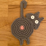 Cat Butt Coasters - Funny Feline Crocheted Drink Coasters -It may seem very un-catlike to protect furniture and help keep objects on surfaces but that's just what these kitties do... while still being a bit rude about it! Handmade durable high quality crochet knitted cotton kitty coasters. Sold individually or as a set of 8. Free shipping. Unique novelty gift home decor woven-