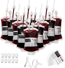 -Fun, unique Halloween party supplies, Set of 10 IV Blood Bag PVC drink pouches (350mL) with straws/tubes, labels, clips & funnels. 60mL shot syringes sold separately. Free shipping. Vampire medical horror movie prop beverage cup drinking container alcohol urine liquor punch creepy cocktails gross shots doctor nurse-