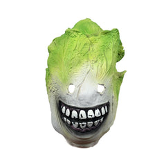 -High quality over-the-head latex mask. One size fits most. Free shipping from abroad with average delivery to the USA in 2-3 weeks. Creepy weird wtf weirdest killer vegetable sentient leafy greens cabbage face strange funny unusual unique halloween costume fancy dress rubber latex lettuce mask veggie vegan villain.-