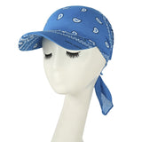 -Classic style paisley print bandana headscarf with printed baseball cap bill. One size fits most, with tie back adjustment for supreme comfort. Free shipping.

long brim head scarf hat summer streetwear fashion womens mens unisex nonbinary protest sunshade tie-on designer fashion cap tied kerchief -One Size-Blue-