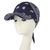 -Classic style paisley print bandana headscarf with printed baseball cap bill. One size fits most, with tie back adjustment for supreme comfort. Free shipping.

long brim head scarf hat summer streetwear fashion womens mens unisex nonbinary protest sunshade tie-on designer fashion cap tied kerchief -One Size-Navy-