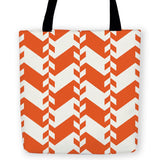 -High quality, woven polyester tote bag with an orange and white, retro abstract geometric design on both sides. Durable and machine washable. This item is made-to-order and typically ships in 3-5 business days.-