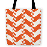 -High quality, woven polyester tote bag with an orange and white, retro abstract geometric design on both sides. Durable and machine washable. This item is made-to-order and typically ships in 3-5 business days.-