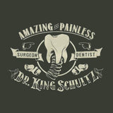 -Amazing and painless, unless you have wronged him in some way. Thanks to a fortuitous turn of events, it was the good doctor who unchained Django... dentist turned bounty hunter Dr. King Schultz. Fitted juniors tee with screenprinted design incorporating spring-mounted molar tooth from his dental wagon. Ships from USA.-Deep Ash-Small-