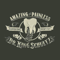 -Amazing and painless, unless you have wronged him in some way. Thanks to a fortuitous turn of events, it was the good doctor who unchained Django... dentist turned bounty hunter Dr. King Schultz. Fitted juniors tee with screenprinted design incorporating spring-mounted molar tooth from his dental wagon. Ships from USA.-Deep Ash-Small-