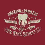 -Amazing and painless, unless you have wronged him in some way. Thanks to a fortuitous turn of events, it was the good doctor who unchained Django... dentist turned bounty hunter Dr. King Schultz. Fitted juniors tee with screenprinted design incorporating spring-mounted molar tooth from his dental wagon. Ships from USA.-Red-Small-
