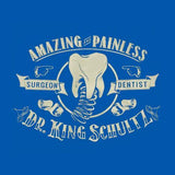 -Amazing and painless, unless you have wronged him in some way. Thanks to a fortuitous turn of events, it was the good doctor who unchained Django... dentist turned bounty hunter Dr. King Schultz. Fitted juniors tee with screenprinted design incorporating spring-mounted molar tooth from his dental wagon. Ships from USA.-Sky Blue-Small-