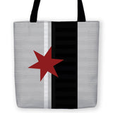 -High quality, reusable polyester fabric carryall tote bag with retro vintage style greyscale striped design with red star accent. Durable and machine washable. This item is made-to-order and typically ships in 3-5 business days.-13 inches-796752936703