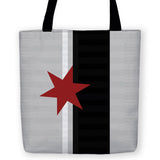 -High quality, reusable polyester fabric carryall tote bag with retro vintage style greyscale striped design with red star accent. Durable and machine washable. This item is made-to-order and typically ships in 3-5 business days.-