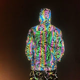 -Quality hi-vis hooded jacket with rainbow reflective paint swirl pattern. Zipper front hoodie, pockets, drawstring hood. Muted appearance in daylight, highly reflective in dusk and dark. Free shipping.
Night safety jogging running walking biking safe rave streetwear unique high visibility designer clubwear fashion-