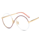 -Unique round fashion eyeglasses with swooping dual color metal frames and clear lenses. Anti-Glare UV400 circular acrylic lenses. 55-20-134-55, Free shipping from abroad.
unusual semi-rimless big frame eye glasses fashion accessory weird strange asymmetrical sideways s shape mens womens unisex interesting style-Purple/Pink-