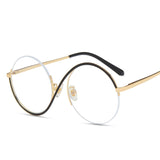 -Unique round fashion eyeglasses with swooping dual color metal frames and clear lenses. Anti-Glare UV400 circular acrylic lenses. 55-20-134-55, Free shipping from abroad.
unusual semi-rimless big frame eye glasses fashion accessory weird strange asymmetrical sideways s shape mens womens unisex interesting style-Gold/Black-