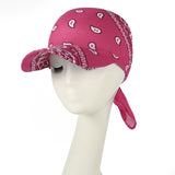 -Classic style paisley print bandana headscarf with printed baseball cap bill. One size fits most, with tie back adjustment for supreme comfort. Free shipping.

long brim head scarf hat summer streetwear fashion womens mens unisex nonbinary protest sunshade tie-on designer fashion cap tied kerchief -One Size-Pink-