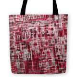 -High quality, reusable polyester fabric carryall tote bag in either red or blue with abstract cyber punk sci-fi schematic design on both sides. Durable and machine washable. This item is made-to-order and typically ships in 3-5 business days.-13 inches-Red-796752936758