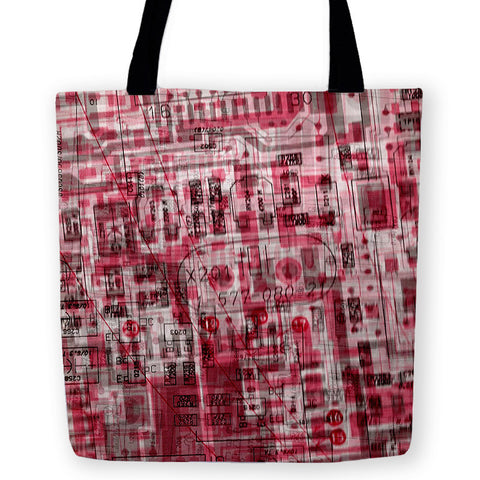 -High quality, reusable polyester fabric carryall tote bag in either red or blue with abstract cyber punk sci-fi schematic design on both sides. Durable and machine washable. This item is made-to-order and typically ships in 3-5 business days.-