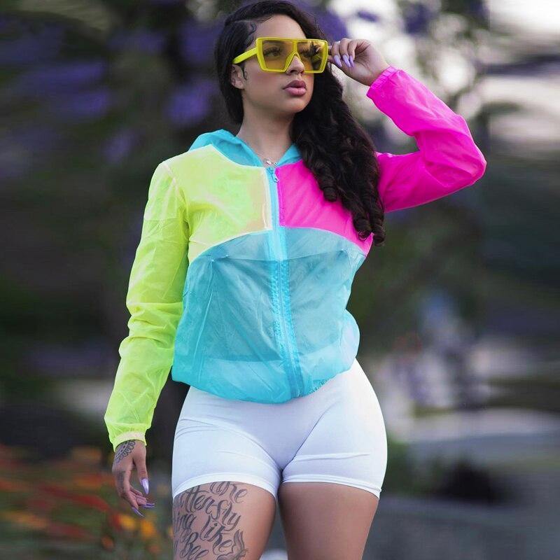 Women's Sheer Neon Fluorsecent Color Block Windbreaker Jacket - Retro--