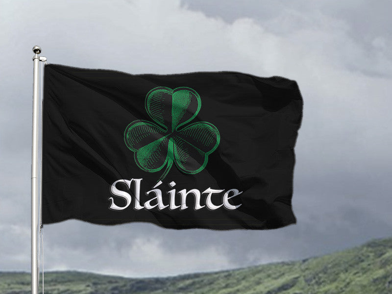Sláinte Shamrock Flag - Celtic Gaelic Blessing, Ireland Irish Banner-High quality, professionally printed polyester flag. Single or double-sided with blackout layer, grommets or pole pocket / sleeve. 2x1ft / 1x2ft, 3x2ft / 2x3ft, 5x3ft / 3x5ft, Custom. Ireland Irish Sláinte Slainte Celtic Gaelic Blessing Scottish Scotland pole banner flag. St Patrick's Day. Health blessing saying. -