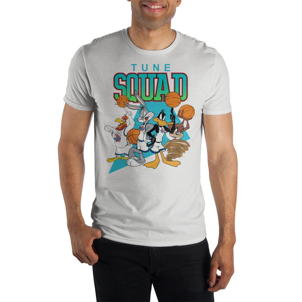 Looney Tunes SPACE JAM Tunes Squad Graphic Tee, Officially Licensed-Soft and comfortable 100% pre-shrunk cotton jersey mens / unisex tee with a bright and bold, soft to the touch, classic Space Jam 'Tune Squad' Graphic. Genuine, officially licensed Looney Tunes Space Jam apparel.Ships from USA. Retro vintage style 1990s nineties 90s kids basketball movie Bugs Daffy Foghorn Leghorn Taz-White-S-