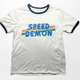 -Funny retro vintage Speed Demon ringer tee. Ringer style shirt made of a super soft and stretchy modal polyester. Free Shipping from abroad with average delivery to the USA in about 2-3 weeks.

Seventies Eighties Nineties 70s 80s 90s Distressed Hillbilly Hipster Graphic T-Shirt Racing Rainbow Stripe Text -Black-S-