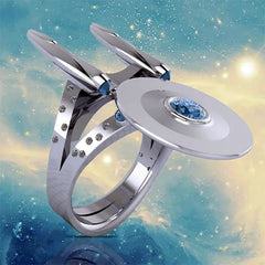 -Federation starship shaped silver plated ring with cubic zirconia stones. Free shipping from abroad with average delivery to the US in 2-3 weeks. Trekker Trekkie USS Enterprise NCC NX fashion jewelry fan gift space universe scifi sci-fi science fiction TNG OS -