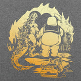 -A love neither could deny, in a city that didn't stand a chance.Mens / unisex style graphic tee, designed and professionally silkscreen printed in the USA. Solid colors are 100% cotton. Heather colors are cotton polyester blend. Typically ships in 2-3 business days. retro vintage style screenprinted kaiju love t-shirt-Small-Gray Heather-