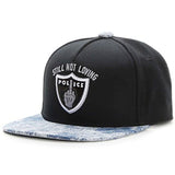 -Flat and raised embroidered snapback cap with stonewashed denim patterned bill. 'Still Not Loving' arched over a faux-police badge with raised middle finger. Free shipping typically arrives in 2-4 weeks to the USA. 

BLM Black Lives Matter law enforcement reform ACAB hiphop punk streetwear fashion baseball cap protest -