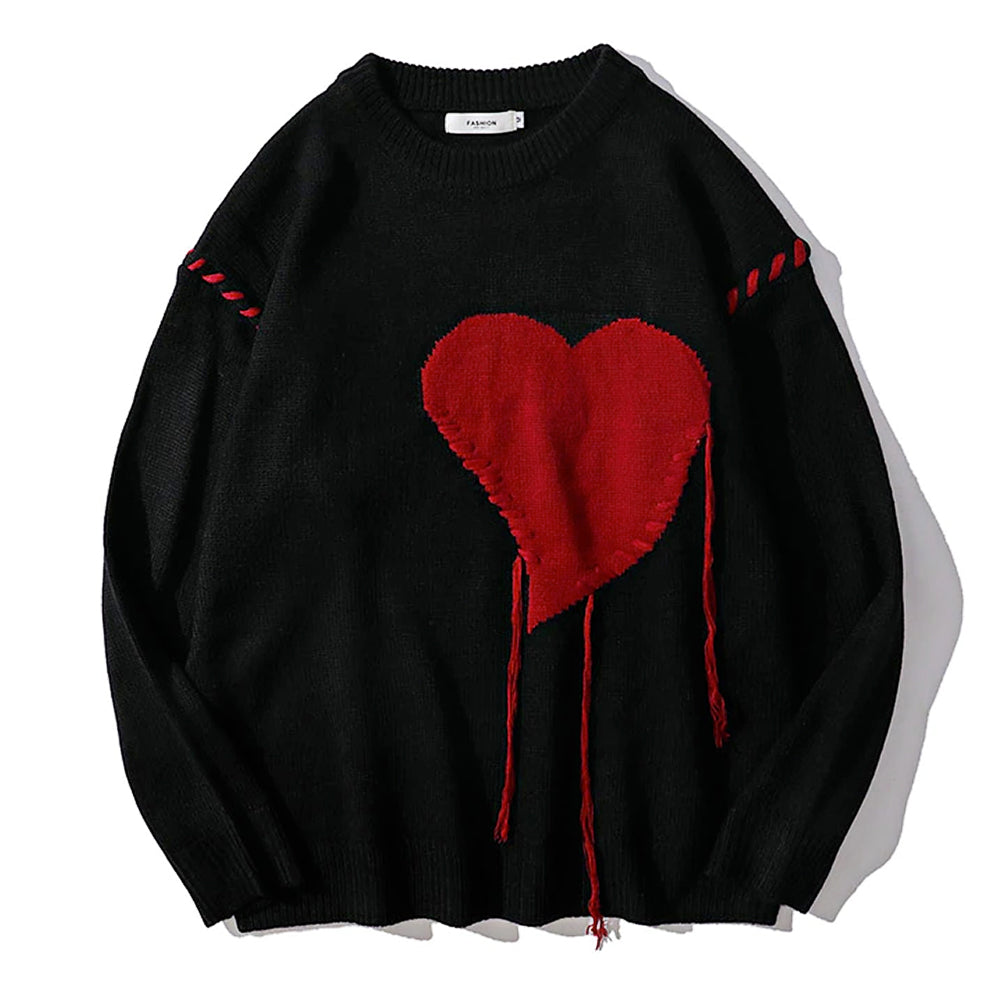 -Lightweight acrylic wool knit sweater with rough stitched heart and shoulder accent stitching. Handcrafted elements will vary slightly. Oversize unisex style, see size charts. Free shipping.

Harajuku love rough knitted ugly sweater unisex mens womens punk goth gothic black red catcase pullover jumper top-Black-L-