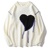 -Lightweight acrylic wool knit sweater with rough stitched heart and shoulder accent stitching. Handcrafted elements will vary slightly. Oversize unisex style, see size charts. Free shipping.

Harajuku love rough knitted ugly sweater unisex mens womens punk goth gothic black red catcase pullover jumper top-Ivory-M-