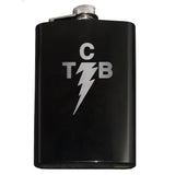 Custom Engraved TCB Lightning Bolt Flask-Custom Engraved TCB Lightning Symbol Flask. The perfect accessory for when you're Taking Care of Business like the King of Rock and Roll. Custom Engraved 8oz Stainless Steel Hip / Pocket Flask. Easy closure screw cap lid. Holds eight shots. Optional funnel or gift box with funnel and shot glasses. Bespoke options.-Black-Just the Flask-616641499792