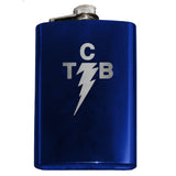 Custom Engraved TCB Lightning Bolt Flask-Custom Engraved TCB Lightning Symbol Flask. The perfect accessory for when you're Taking Care of Business like the King of Rock and Roll. Custom Engraved 8oz Stainless Steel Hip / Pocket Flask. Easy closure screw cap lid. Holds eight shots. Optional funnel or gift box with funnel and shot glasses. Bespoke options.-Blue-Just the Flask-616641499792