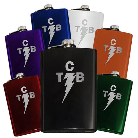 Custom Engraved TCB Lightning Bolt Flask-Custom Engraved TCB Lightning Symbol Flask. The perfect accessory for when you're Taking Care of Business like the King of Rock and Roll. Custom Engraved 8oz Stainless Steel Hip / Pocket Flask. Easy closure screw cap lid. Holds eight shots. Optional funnel or gift box with funnel and shot glasses. Bespoke options.-