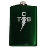 Custom Engraved TCB Lightning Bolt Flask-Custom Engraved TCB Lightning Symbol Flask. The perfect accessory for when you're Taking Care of Business like the King of Rock and Roll. Custom Engraved 8oz Stainless Steel Hip / Pocket Flask. Easy closure screw cap lid. Holds eight shots. Optional funnel or gift box with funnel and shot glasses. Bespoke options.-Green-Just the Flask-616641499792